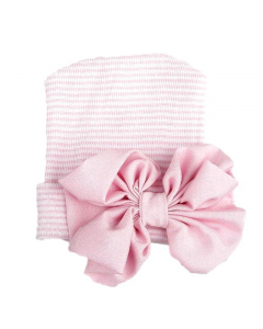 Newborn muts roze gestreept met roze strik van glanzende stof