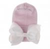 Newborn muts roze gestreept met witte strik van lint extra warm